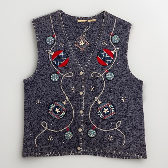 The Unbranded Brand Sweaters - Vintage Christmas Cardigan Blue Sweater Vest Ornaments Balls